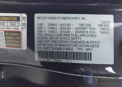 2021 Acura Rdx Technology Package from USA, damaged, VIN 5J8TC2H59ML018602